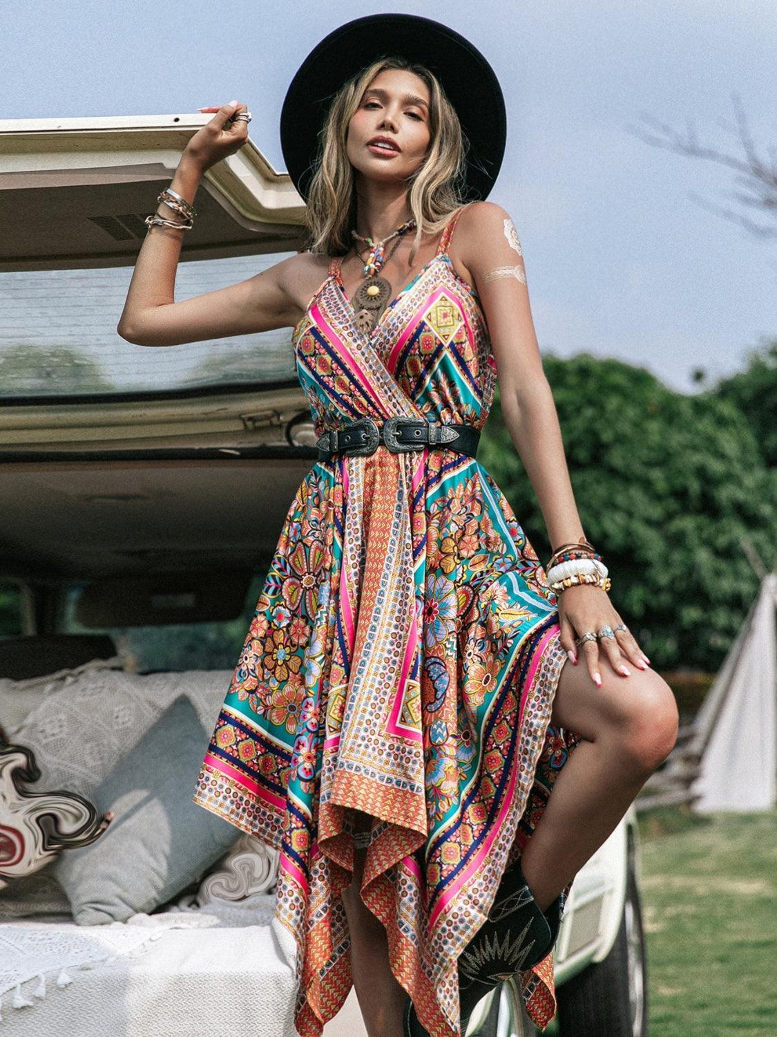Printed Surplice Handkerchief Hem Cami Dress Carauana Store