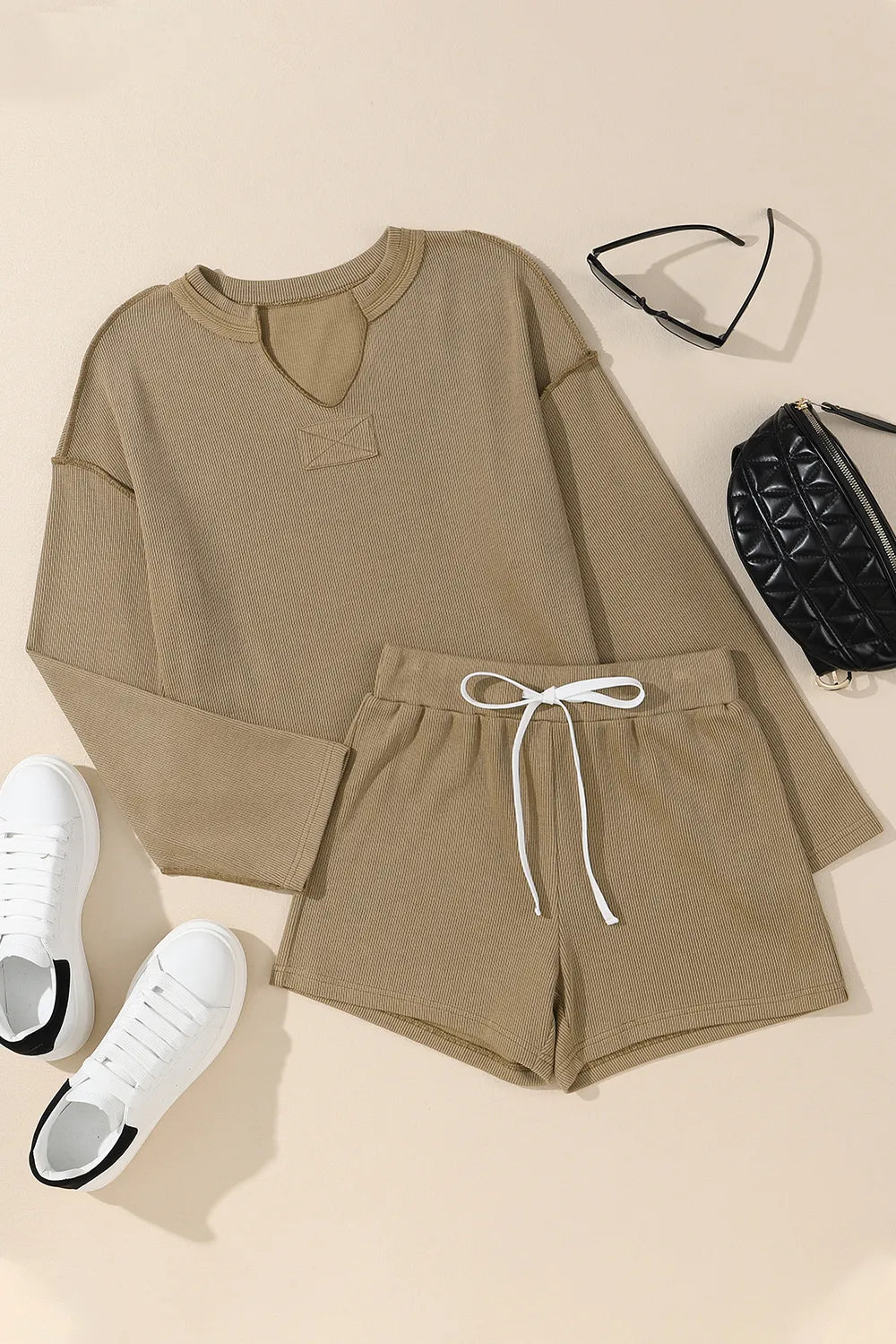 Exposed Seam Long Sleeve Top and Drawstring Shorts Set Carauana Store