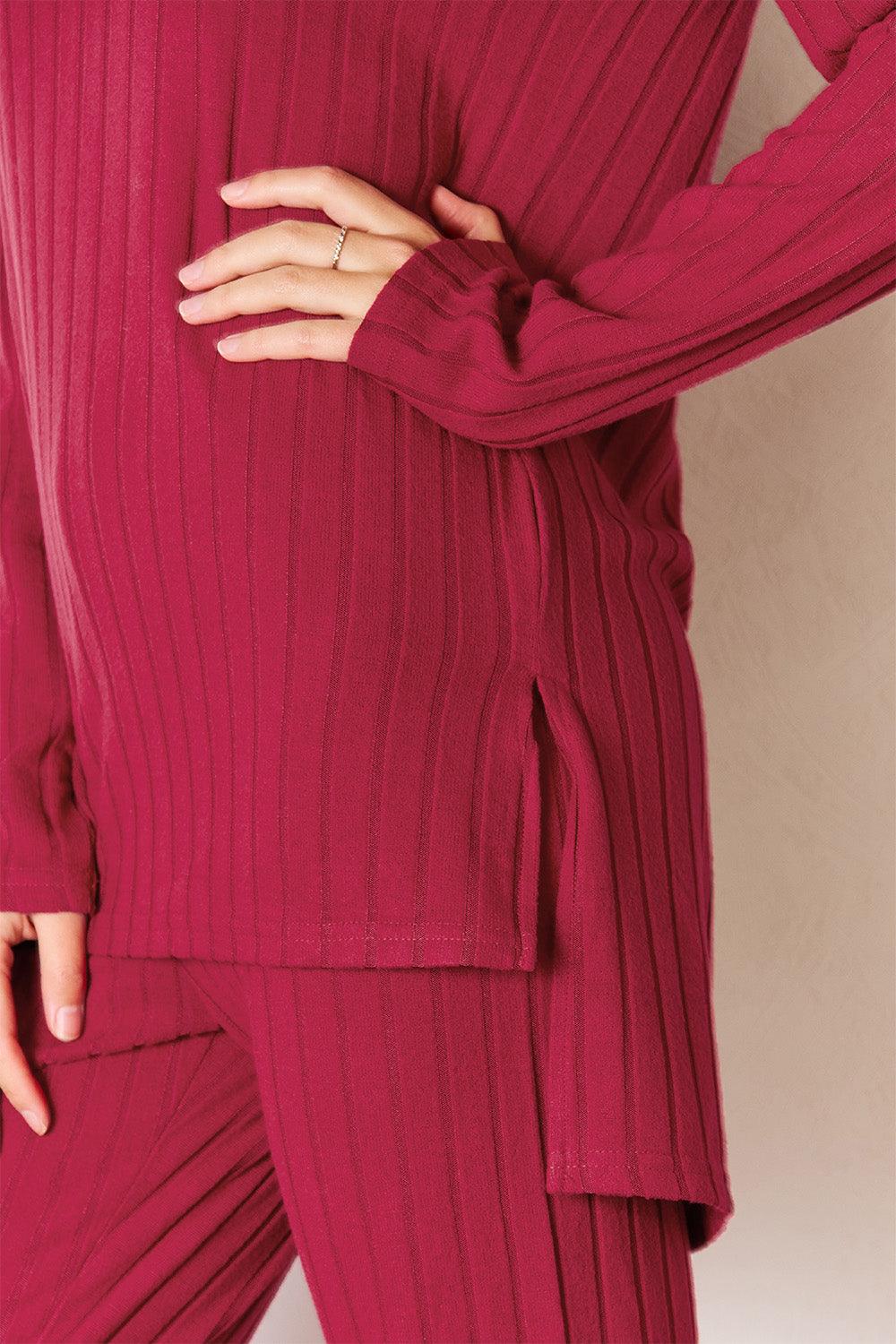 Basic Bae Full Size Ribbed Round Neck High-Low Slit Top and Pants Set Carauana Store