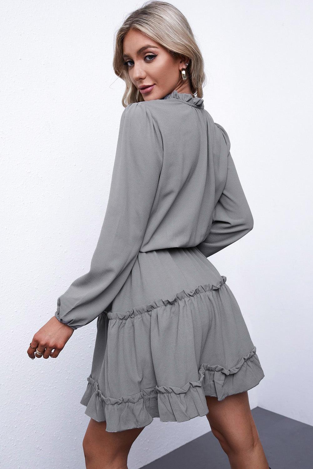 Frill Tie Neck Balloon Sleeve Dress Carauana Store