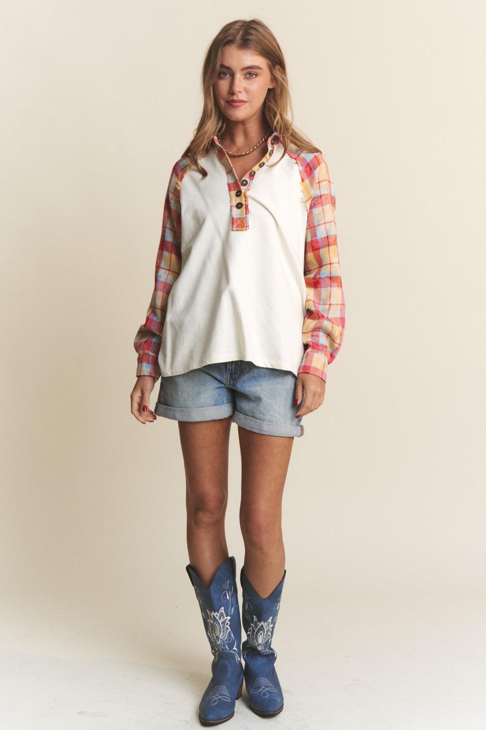 J.NNA Plaid Contrast Button Down Henley Top Carauana Store