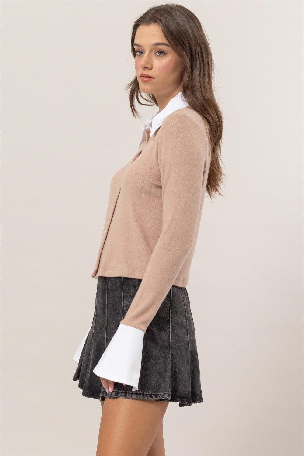 HYFVE Collared Contrast Button Down Crop Knit Cardigan Carauana Store