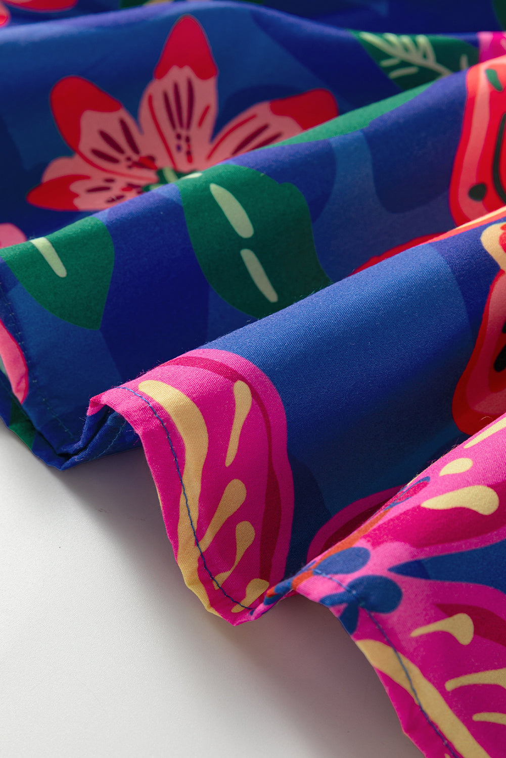 Blue Floral Print 3/4 Sleeve V Neck Tiered Long Dress