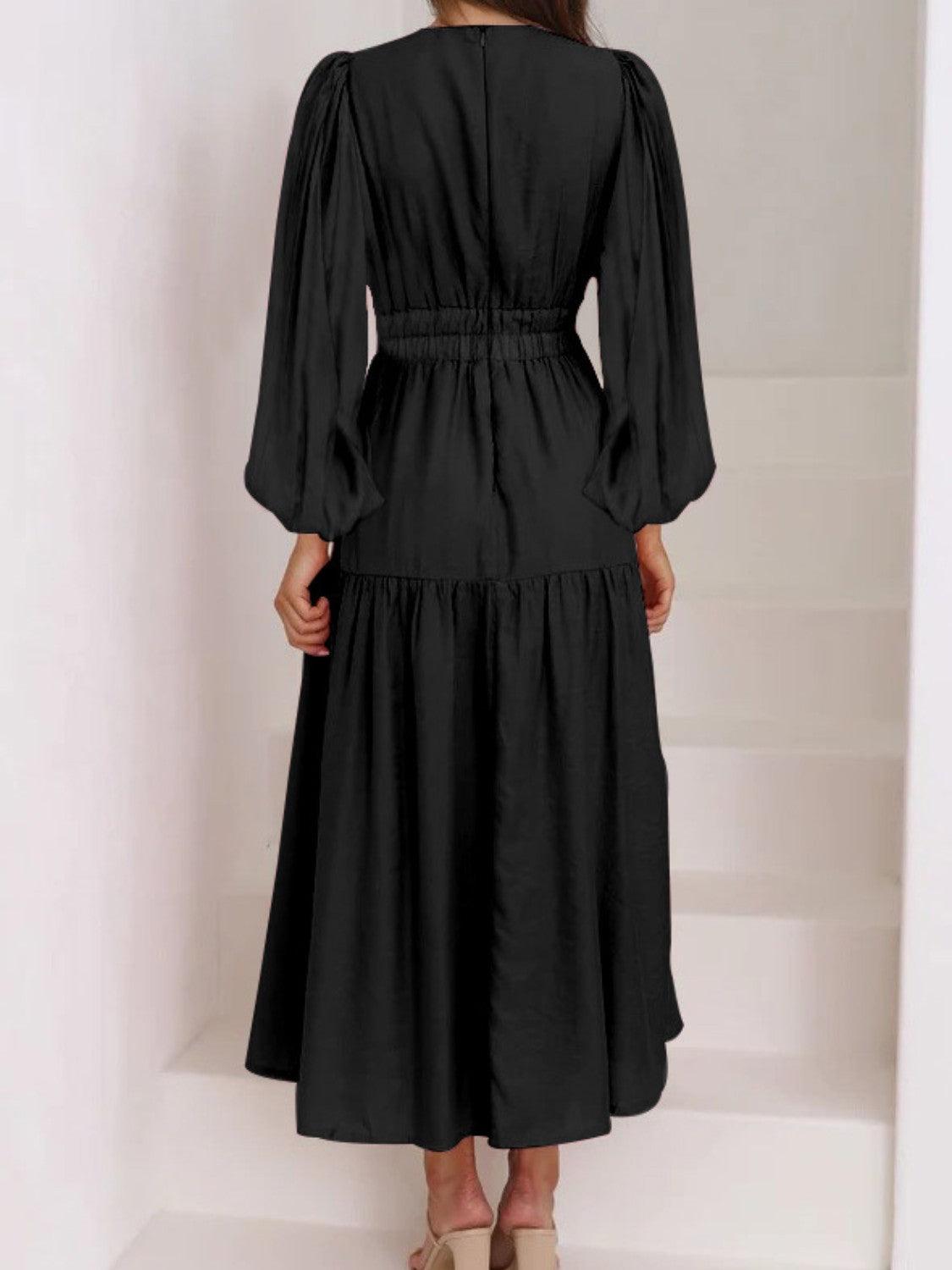 Deep V-Neck Balloon Sleeve Plain Maxi Dress Carauana Store