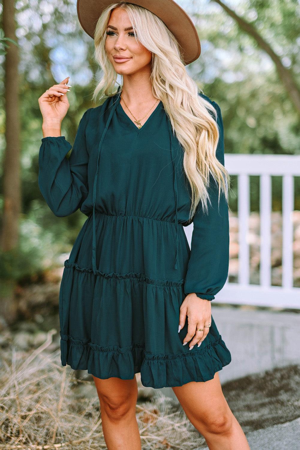 Frill Tie Neck Balloon Sleeve Dress Carauana Store