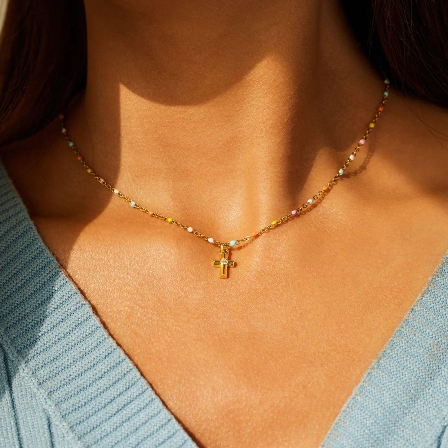 Inlaid Zircon 18K Gold-Plated Cross Bead Necklace Carauana Store