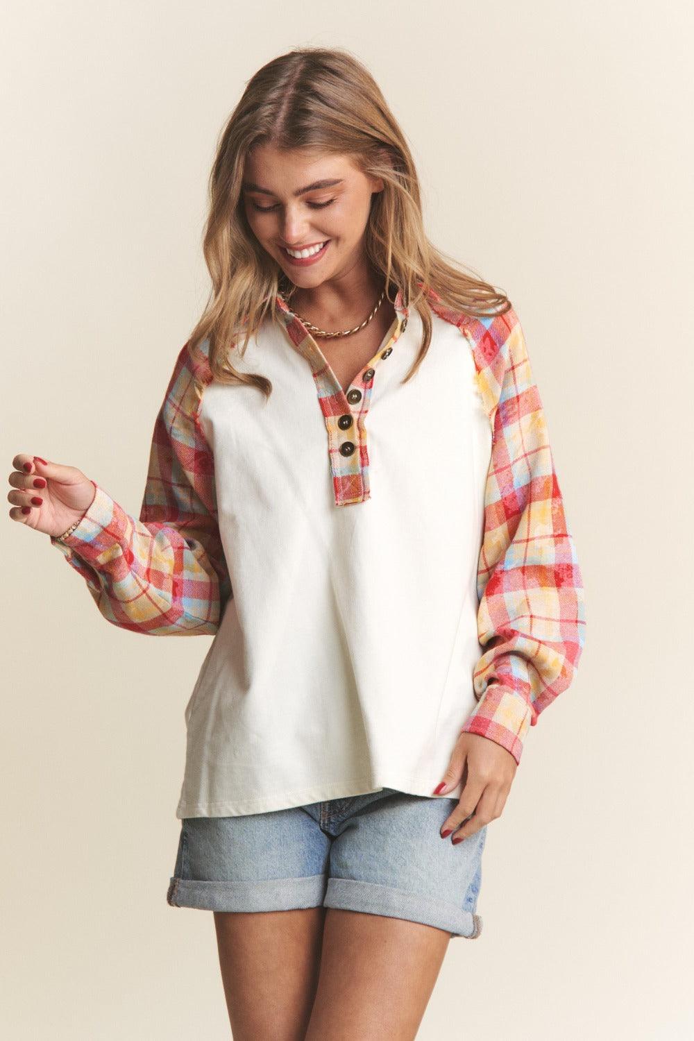J.NNA Plaid Contrast Button Down Henley Top Carauana Store