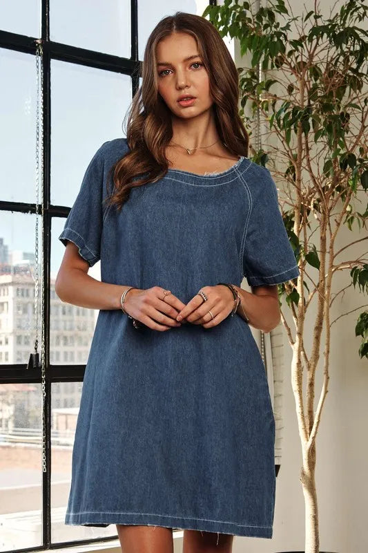 ADORA Raw Hem Mini Denim Dress with Pockets Carauana Store