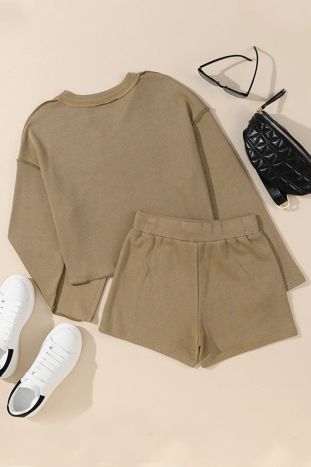 Exposed Seam Long Sleeve Top and Drawstring Shorts Set Carauana Store