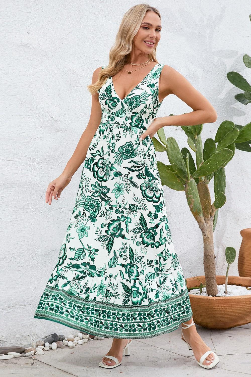 Printed V-Neck Wide Strap Dress Carauana Store