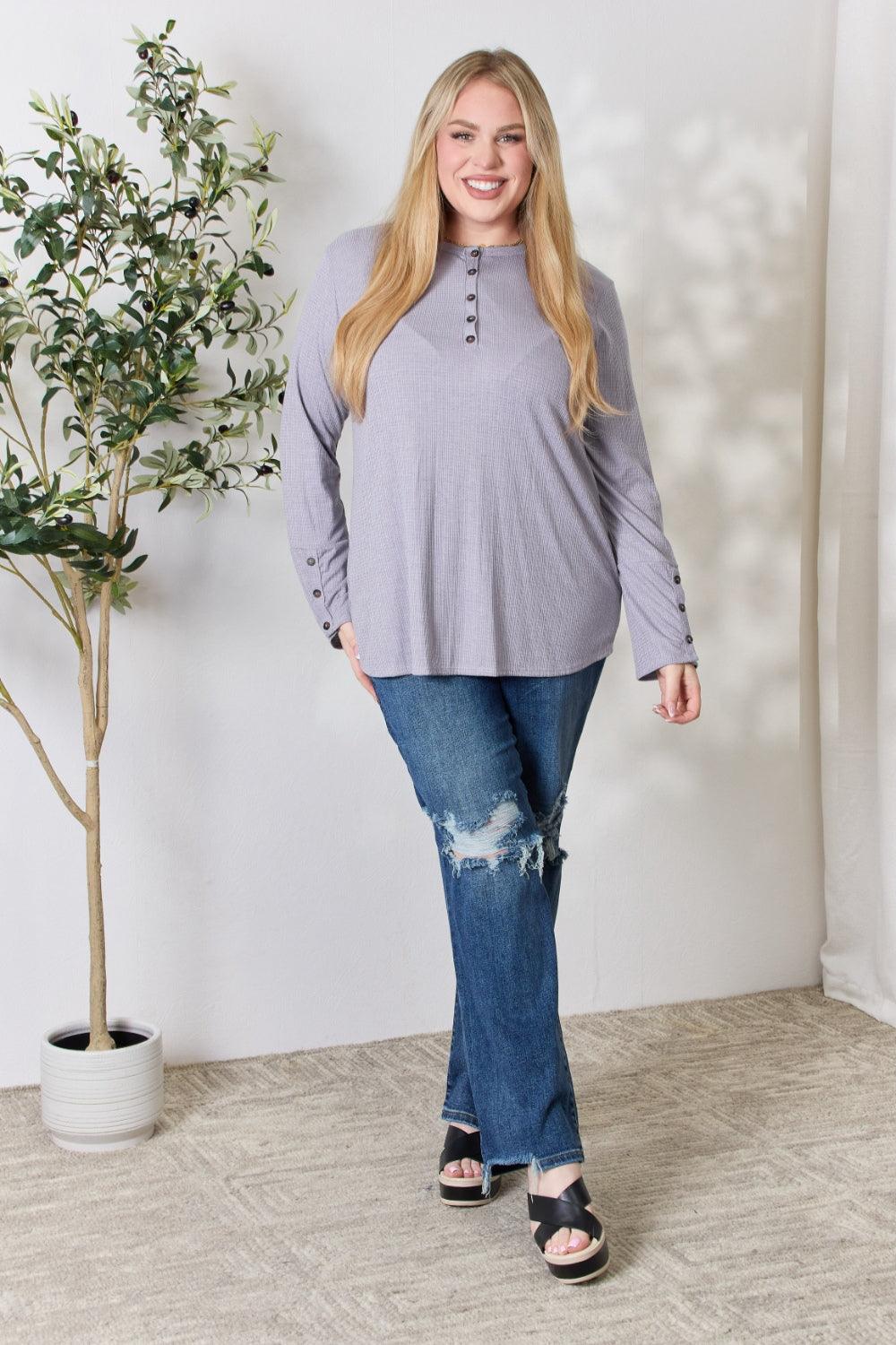 Heimish Full Size Texture Half Button Long Sleeve Top Carauana Store
