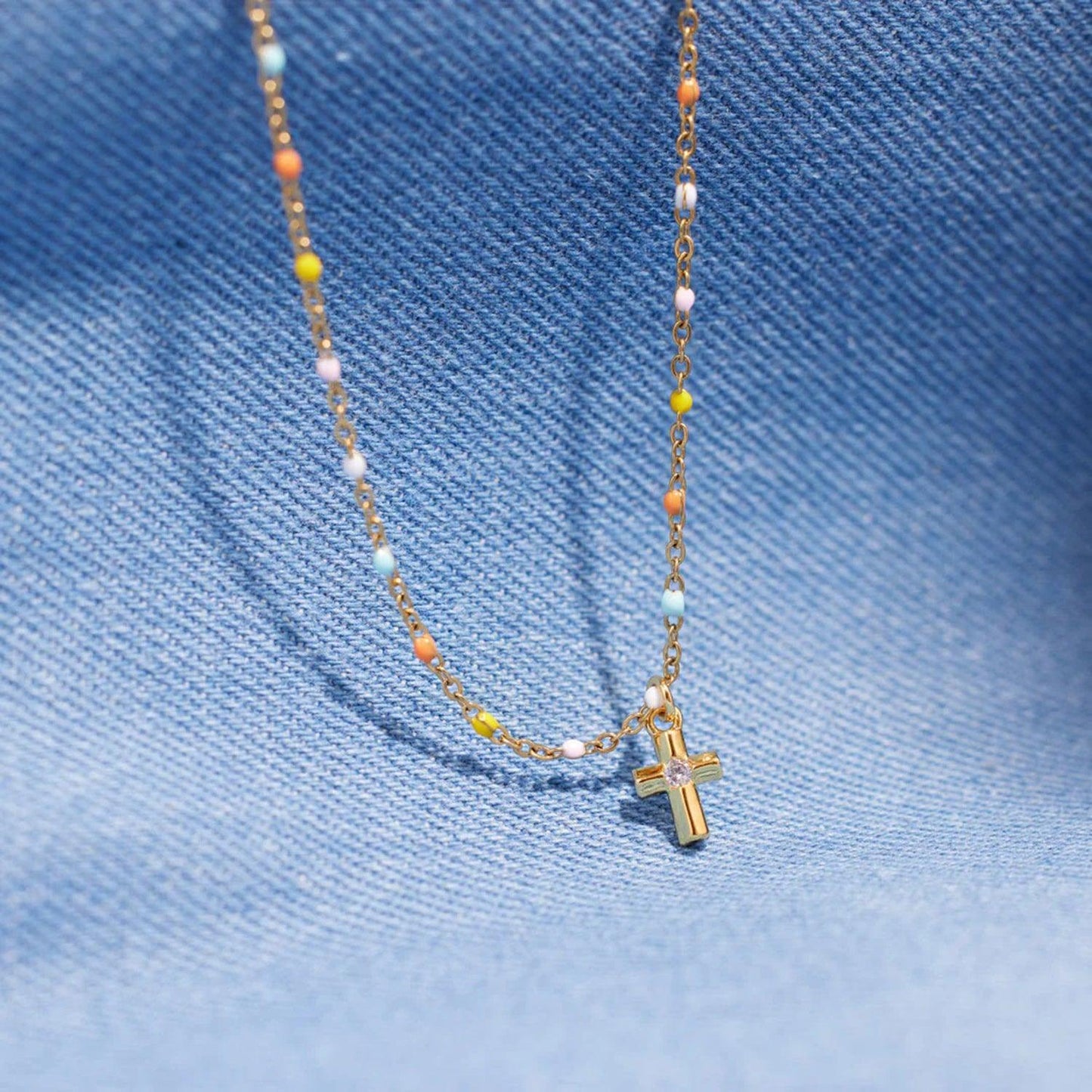 Inlaid Zircon 18K Gold-Plated Cross Bead Necklace Carauana Store