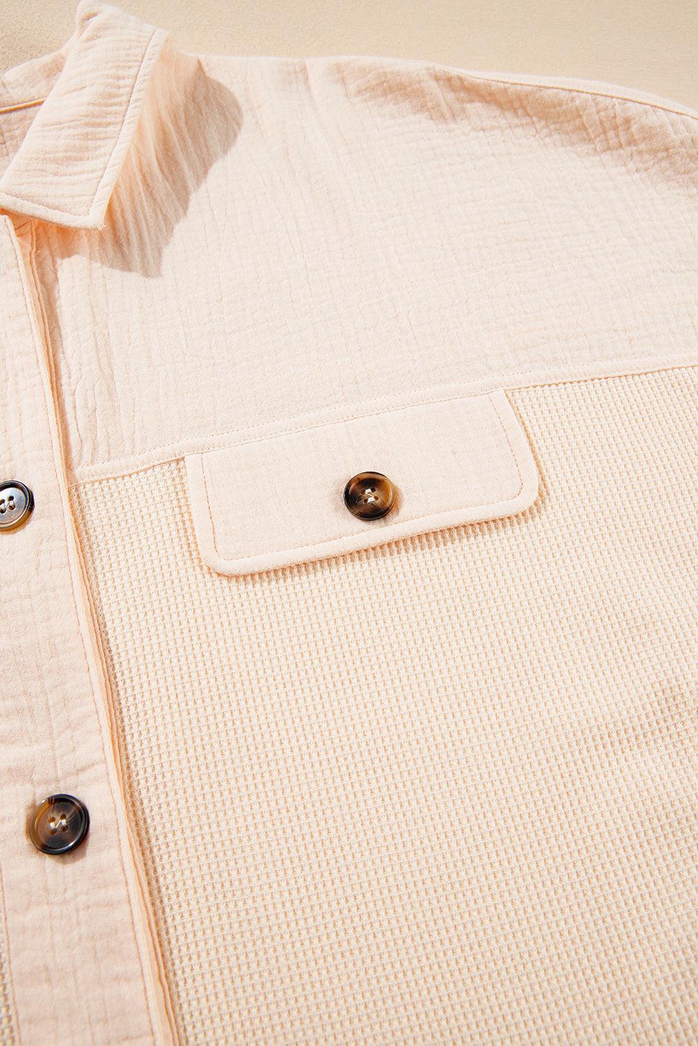 Beige Waffle Splicing Short Batwing Sleeve Flap Detail Shirt