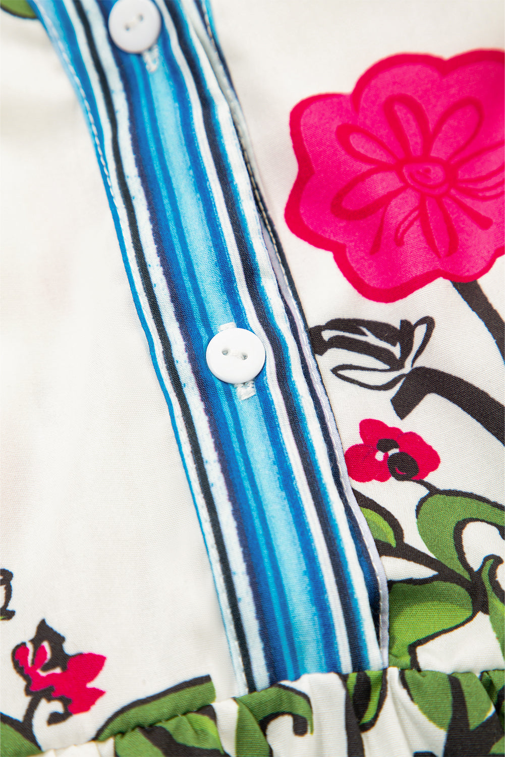 Pink Floral Print Tie Neck Striped Detail Flutter Sleeve Blouse