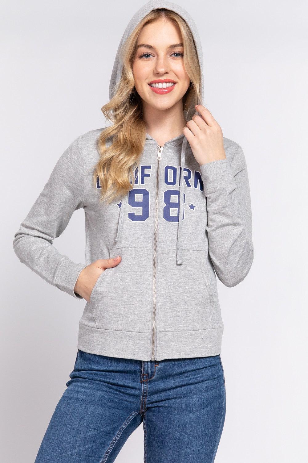 ACTIVE BASIC CALIFORNIA Zip Up Drawstring Long Sleeve Hoodie Carauana Store