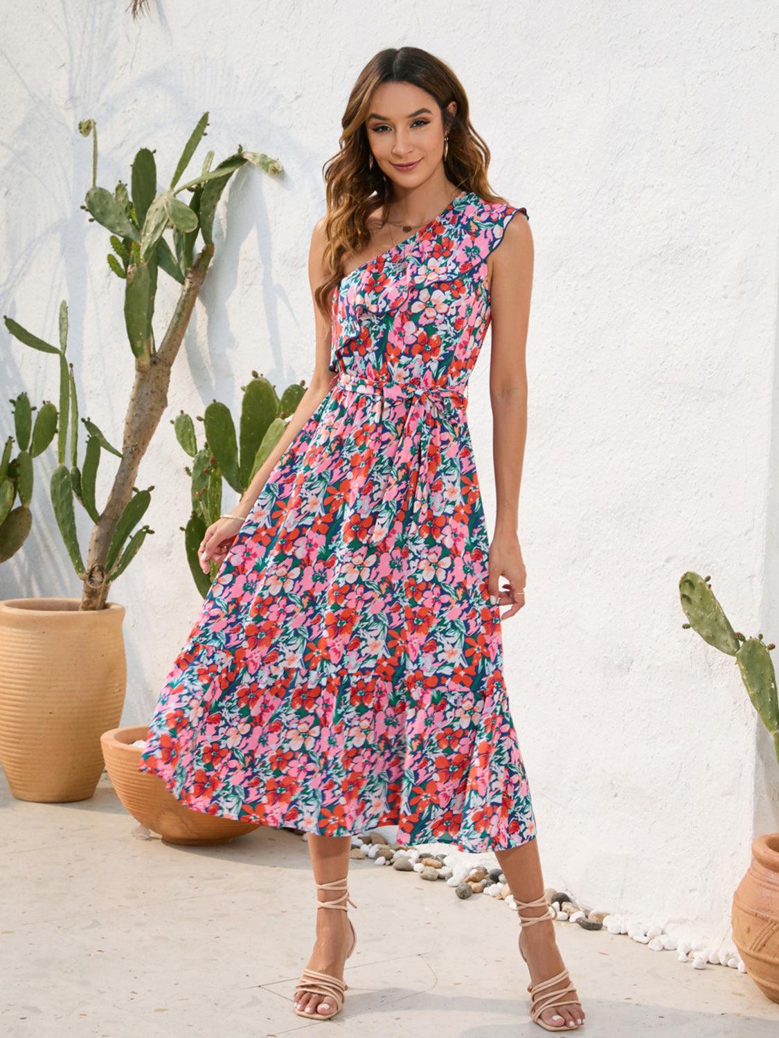 Ruffled Printed One Shoulder Midi Dress Carauana Store