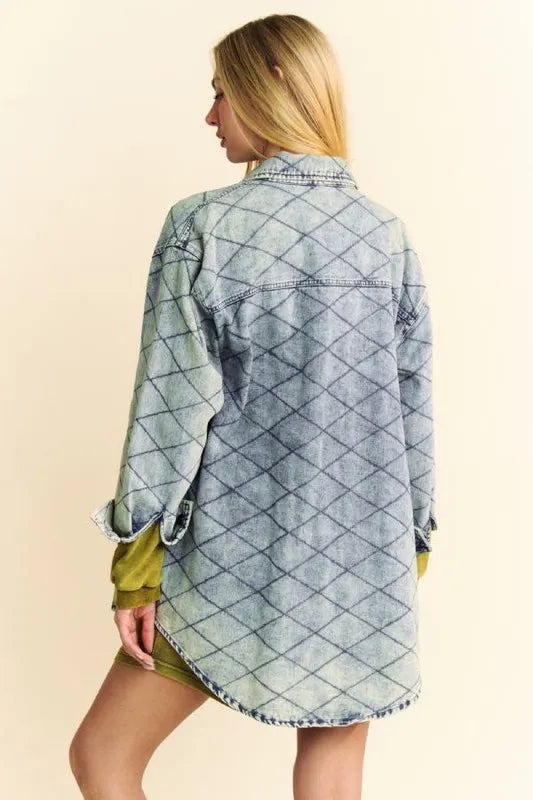 Davi & Dani Curved Hem Diamond Quilted Button Up Denim Shacket Carauana Store