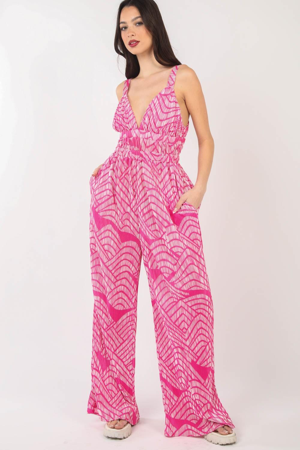 VERY J Printed Pleated Sleeveless Wide Leg Jumpsuit Carauana Store