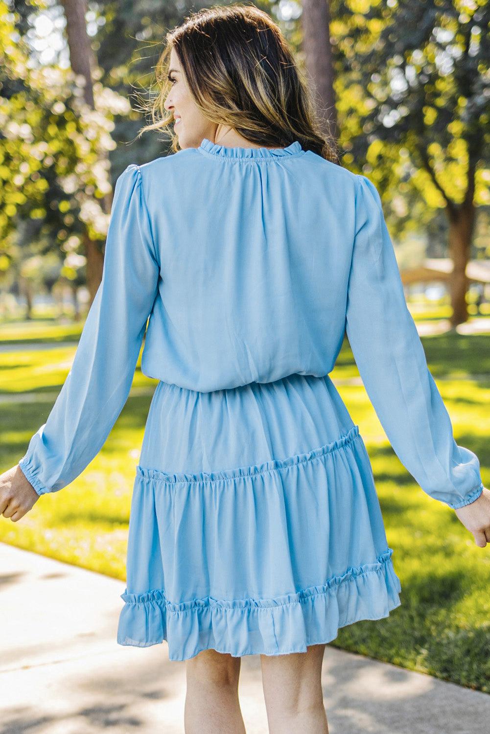 Frill Tie Neck Balloon Sleeve Dress Carauana Store