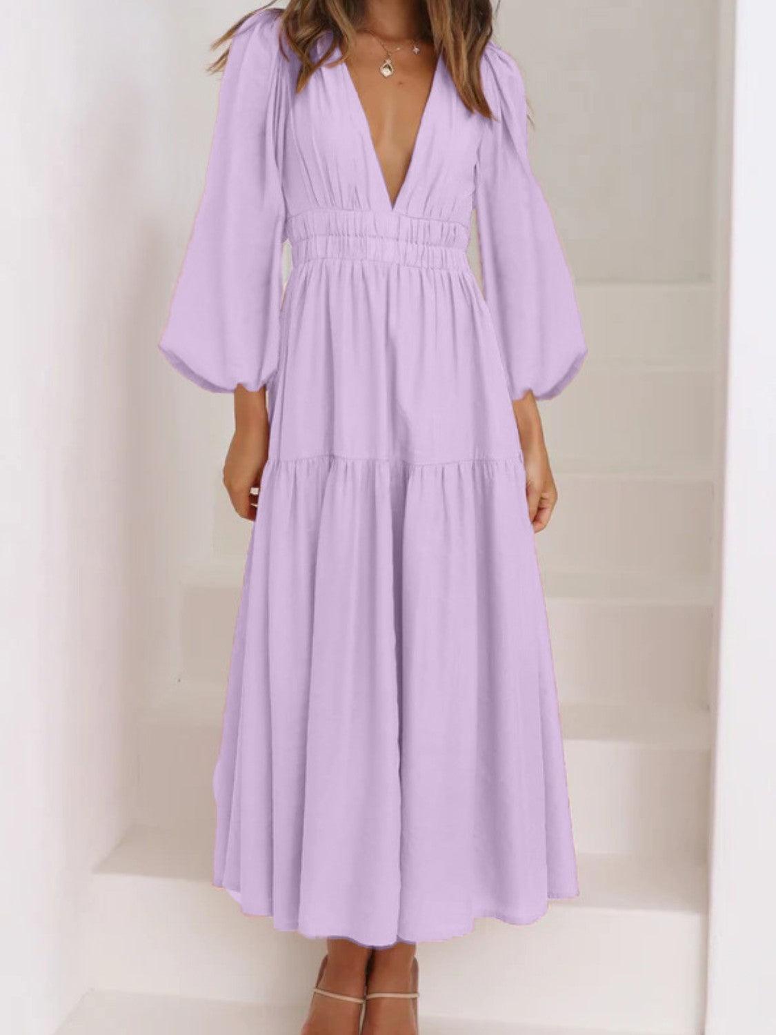 Deep V-Neck Balloon Sleeve Plain Maxi Dress Carauana Store