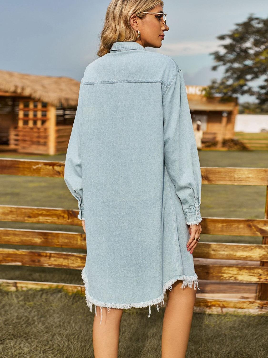 Button Up Collared Neck Raw Hem Denim Dress Carauana Store