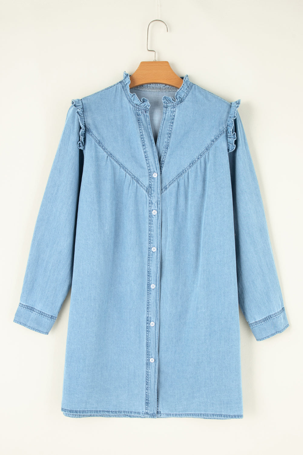 Myosotis Ruffled V Neck Buttoned Shift Denim Dress CaRaUaNa Fashion