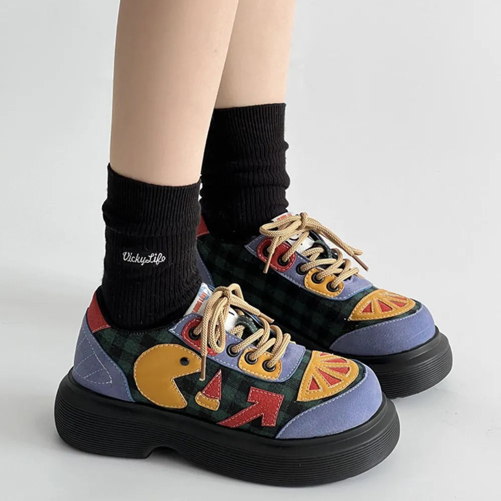 Lace Up Round Toe Plaid Platform Sneakers Carauana Store