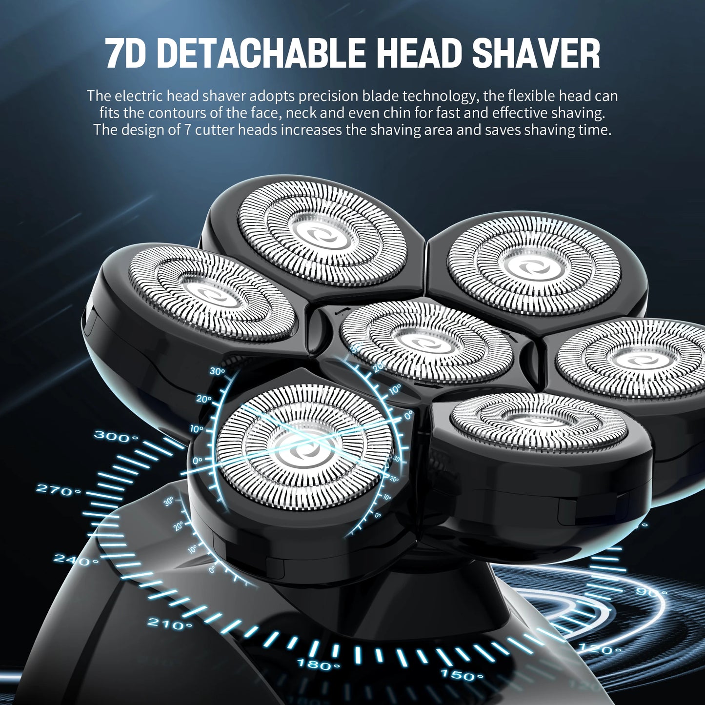 7D detachable head shaver with detailed design on a dark background