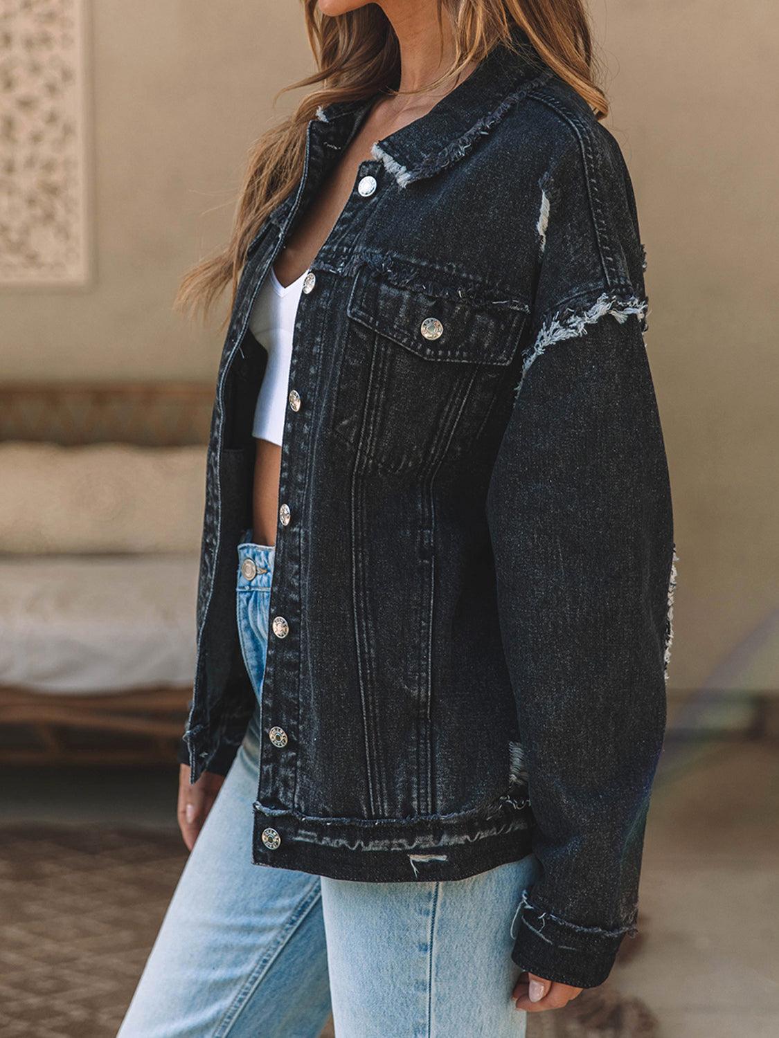 Button Up Raw Hem Distressed Denim Jacket Carauana Store