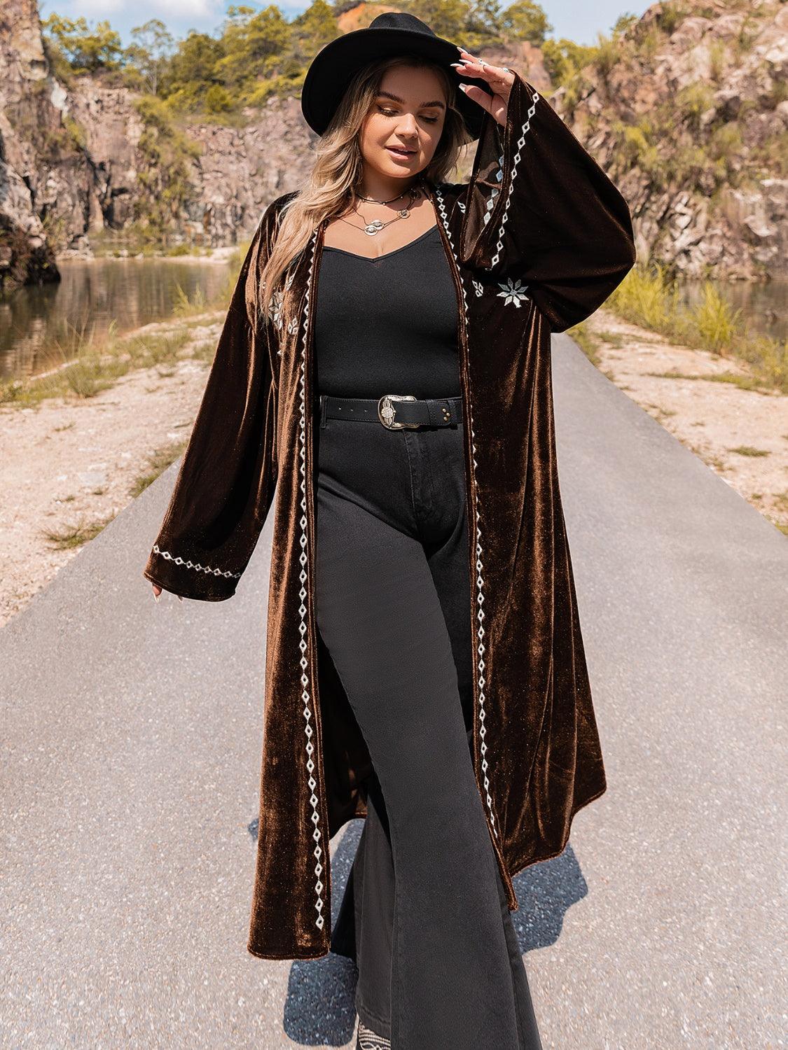 Plus Size Embroidery Open Front Long Sleeve Cardigan Carauana Store