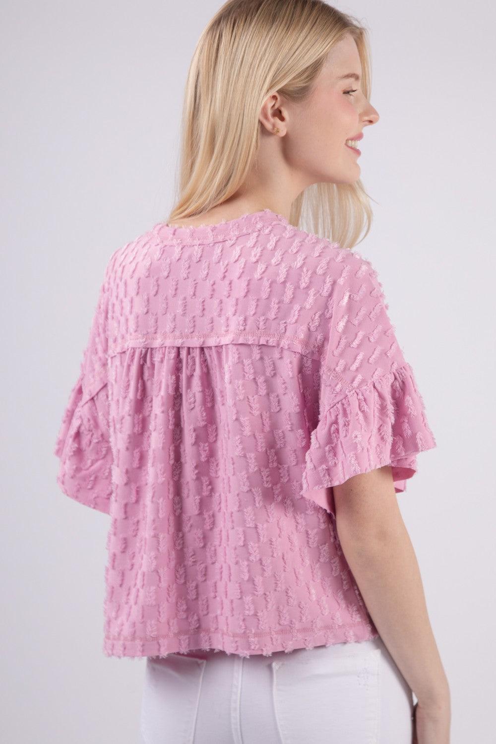 VERY J Full Size Texture Ruffle Short Sleeve Top Carauana Store