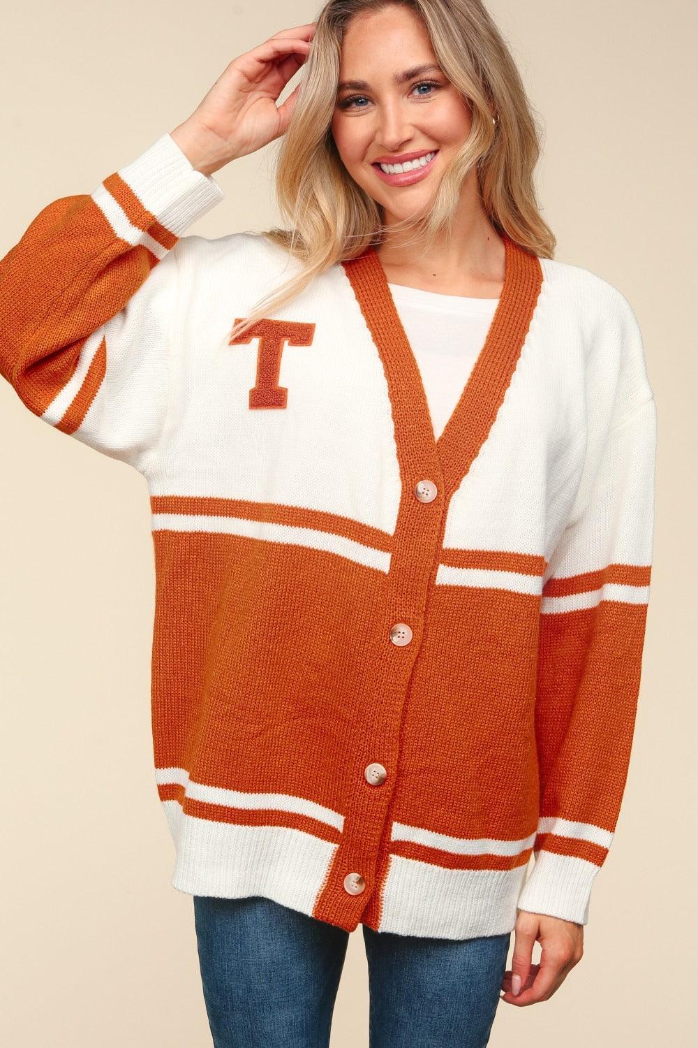 Haptics Full Size V Neck Button Down Letter Patch Cardigan Carauana Store