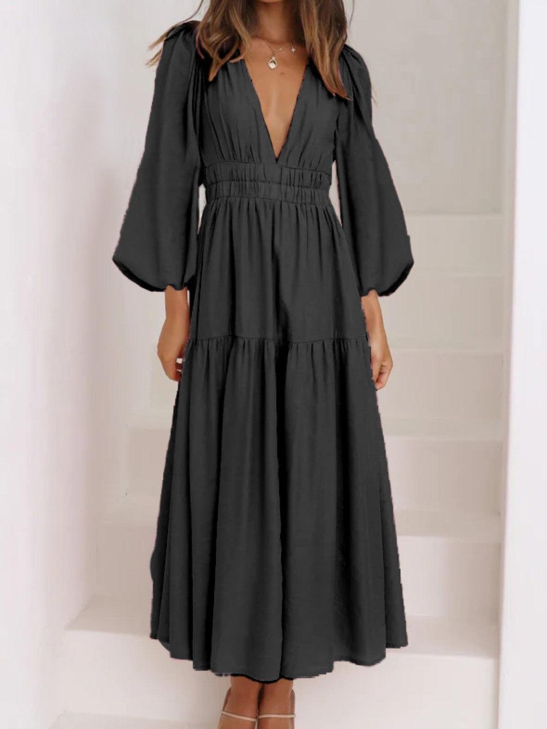 Deep V-Neck Balloon Sleeve Plain Maxi Dress Carauana Store
