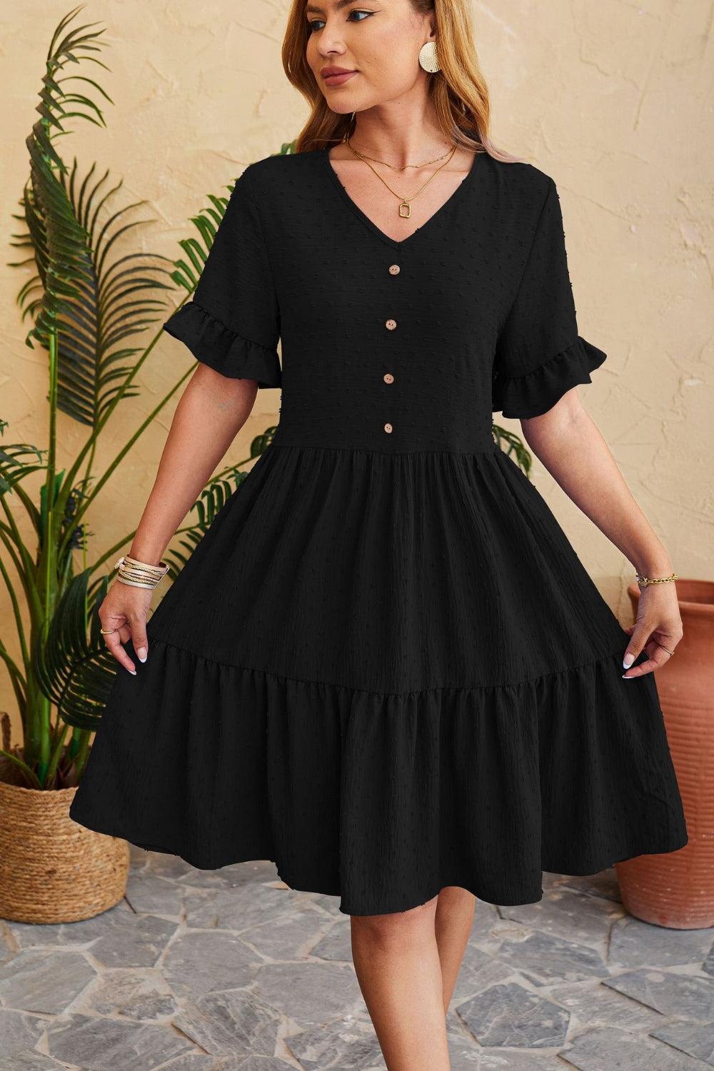 Swiss Dot Ruffled V-Neck Tiered Dress Carauana Store