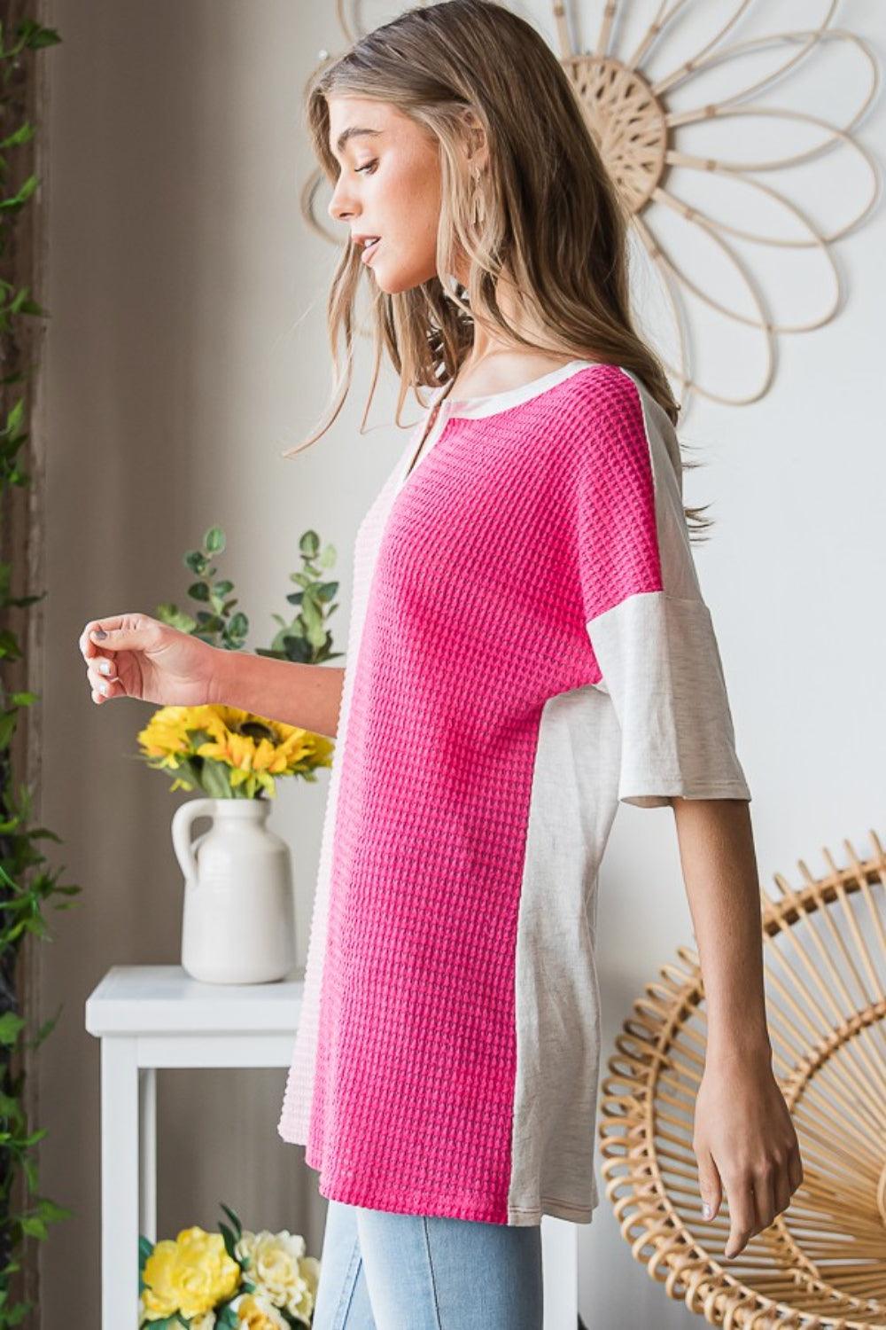 Heimish Full Size Contrast Waffle-Knit Half Sleeve Blouse Carauana Store