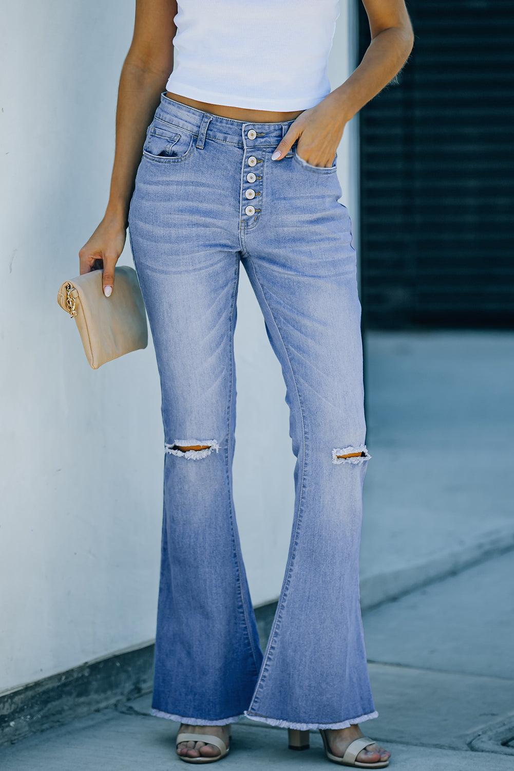 Button-Fly Distressed Raw Hem Flare Jeans Carauana Store