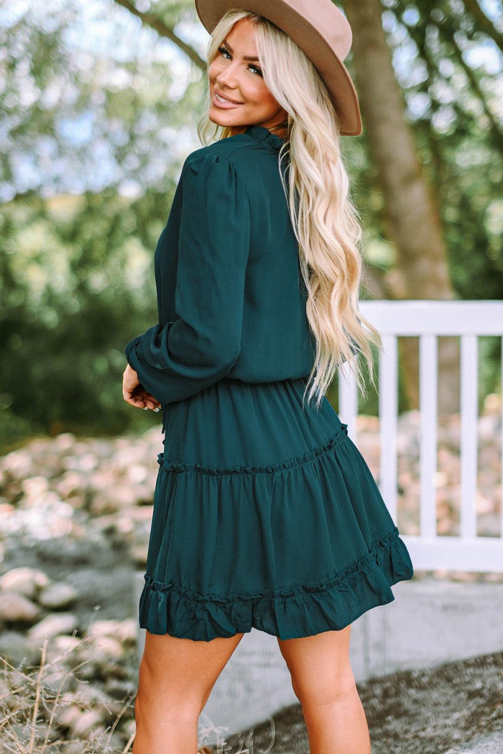 Frill Tie Neck Balloon Sleeve Dress Carauana Store
