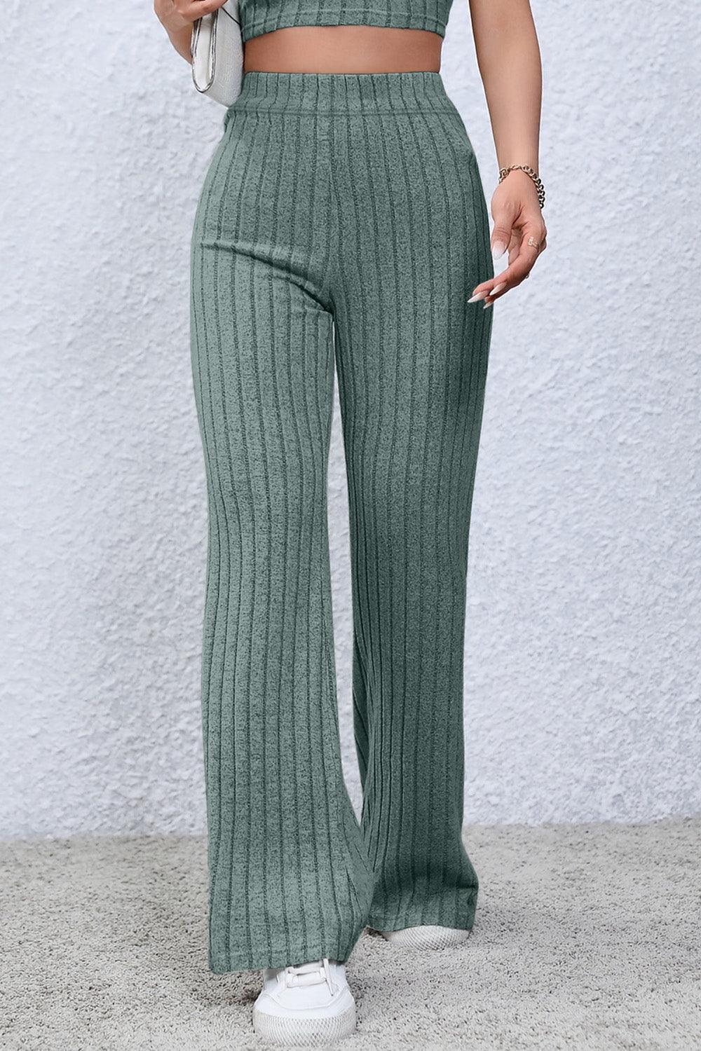 Basic Bae Full Size Ribbed High Waist Flare Pants Carauana Store
