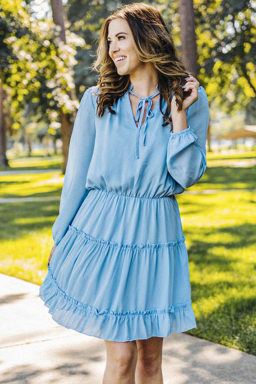 Frill Tie Neck Balloon Sleeve Dress Carauana Store
