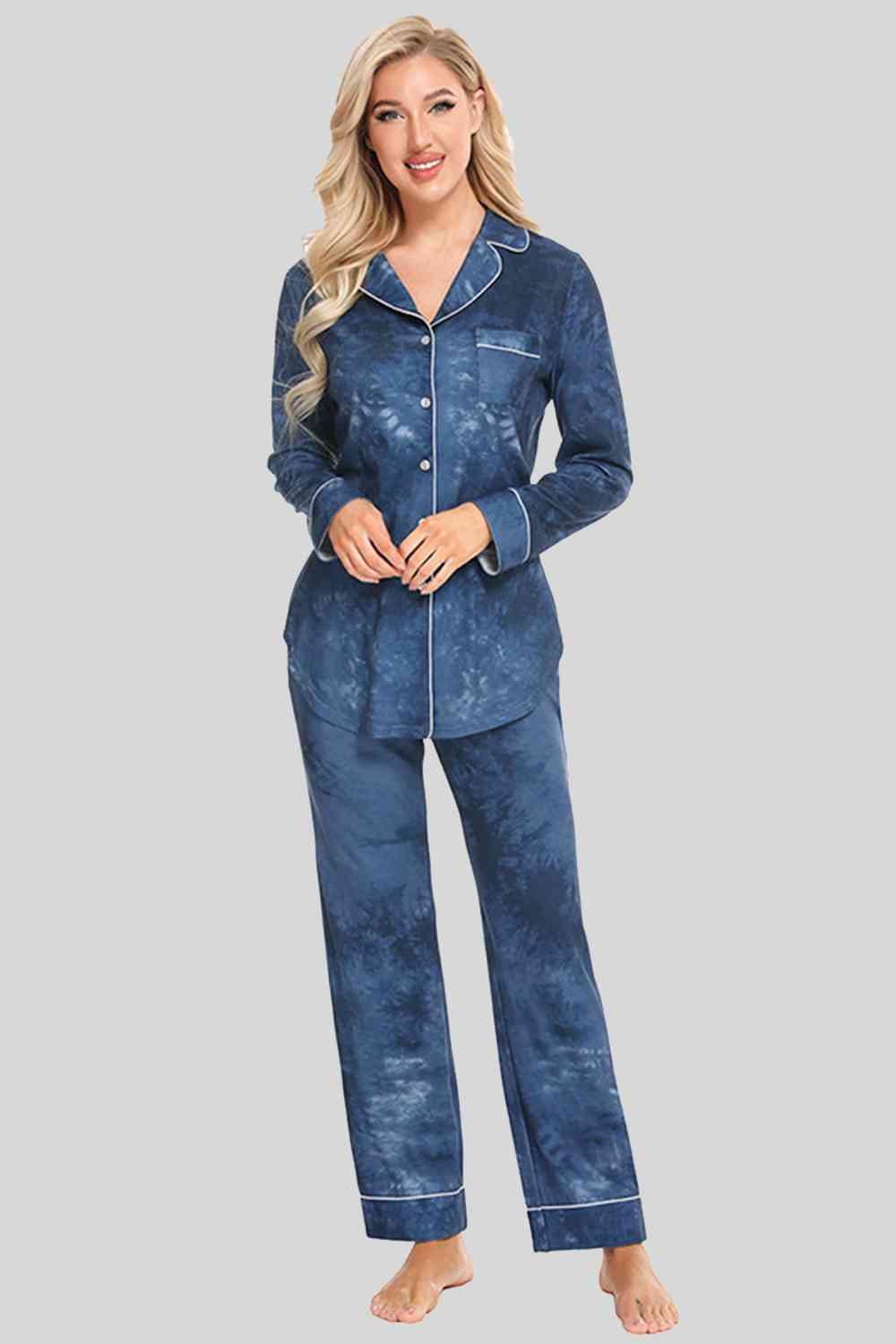 Collared Neck Long Sleeve Loungewear Set with Pockets Carauana Store