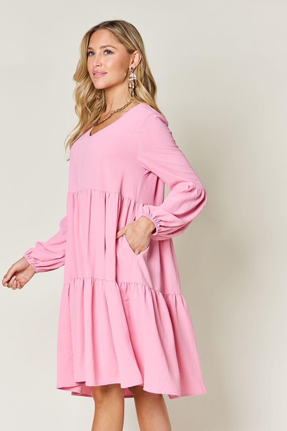 Double Take Full Size V-Neck Balloon Sleeve Tiered Dress Carauana Store