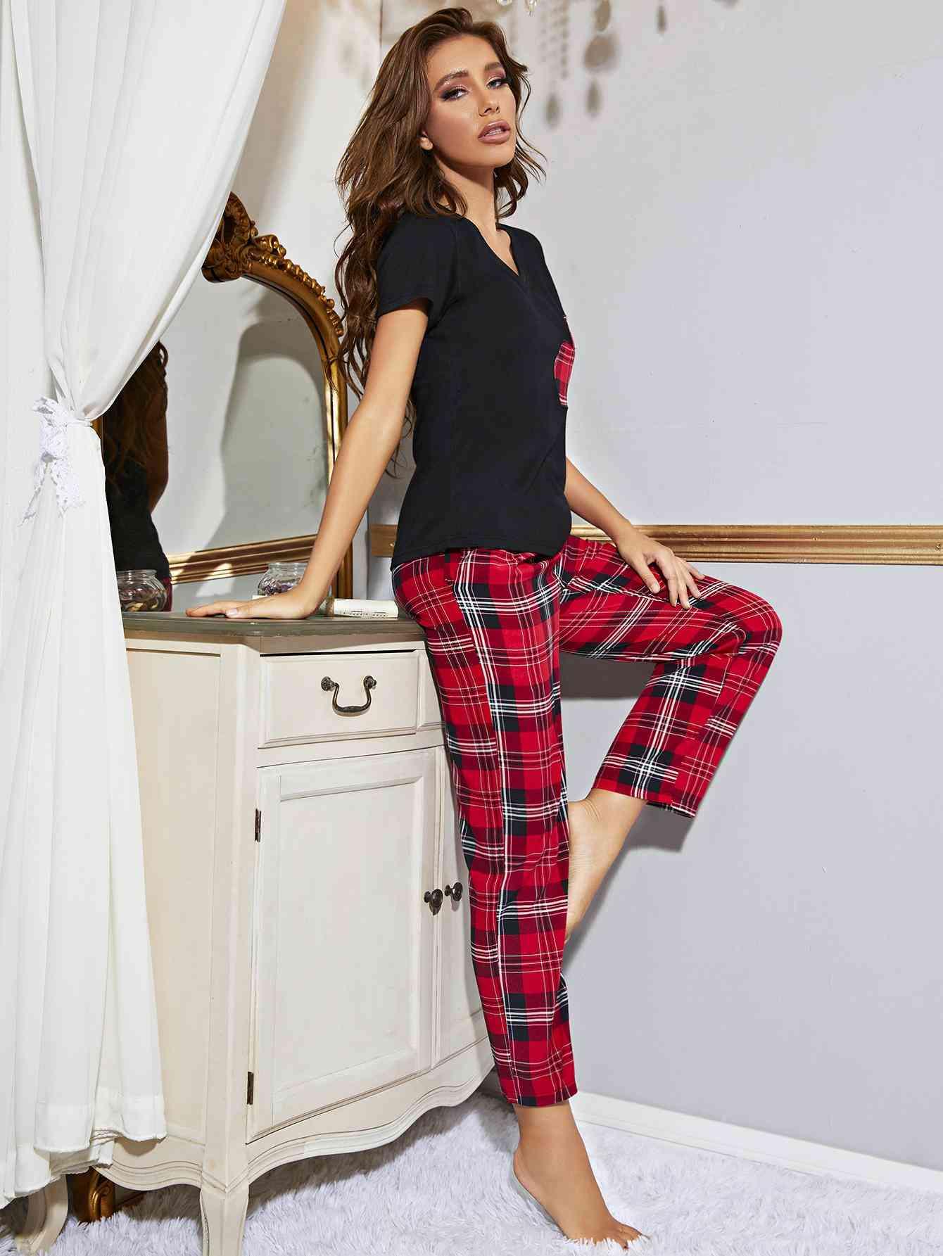 Heart Graphic V-Neck Top and Plaid Pants Lounge Set Carauana Store