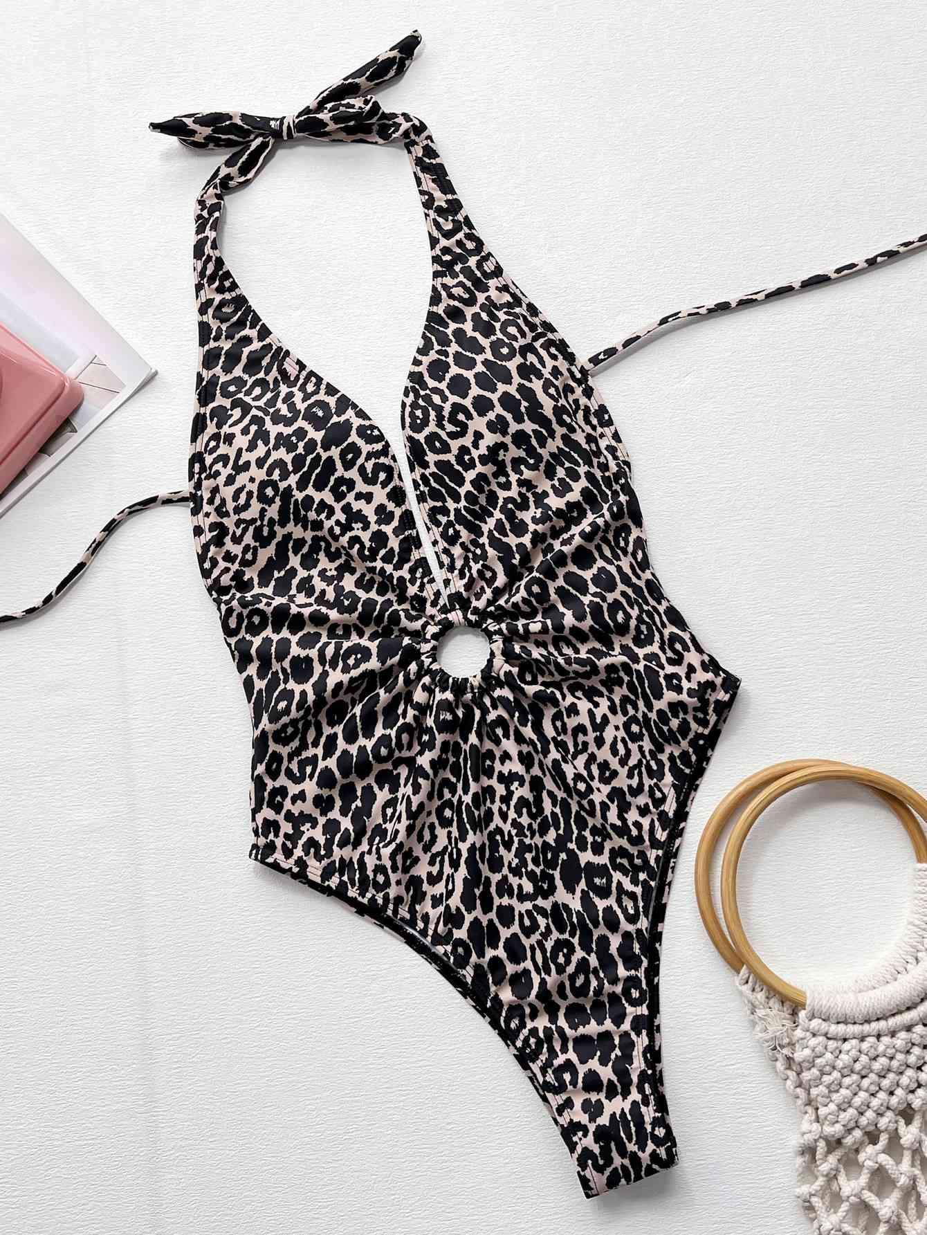 Leopard Halter Neck Ring Detail One-Piece Swimsuit Carauana Store