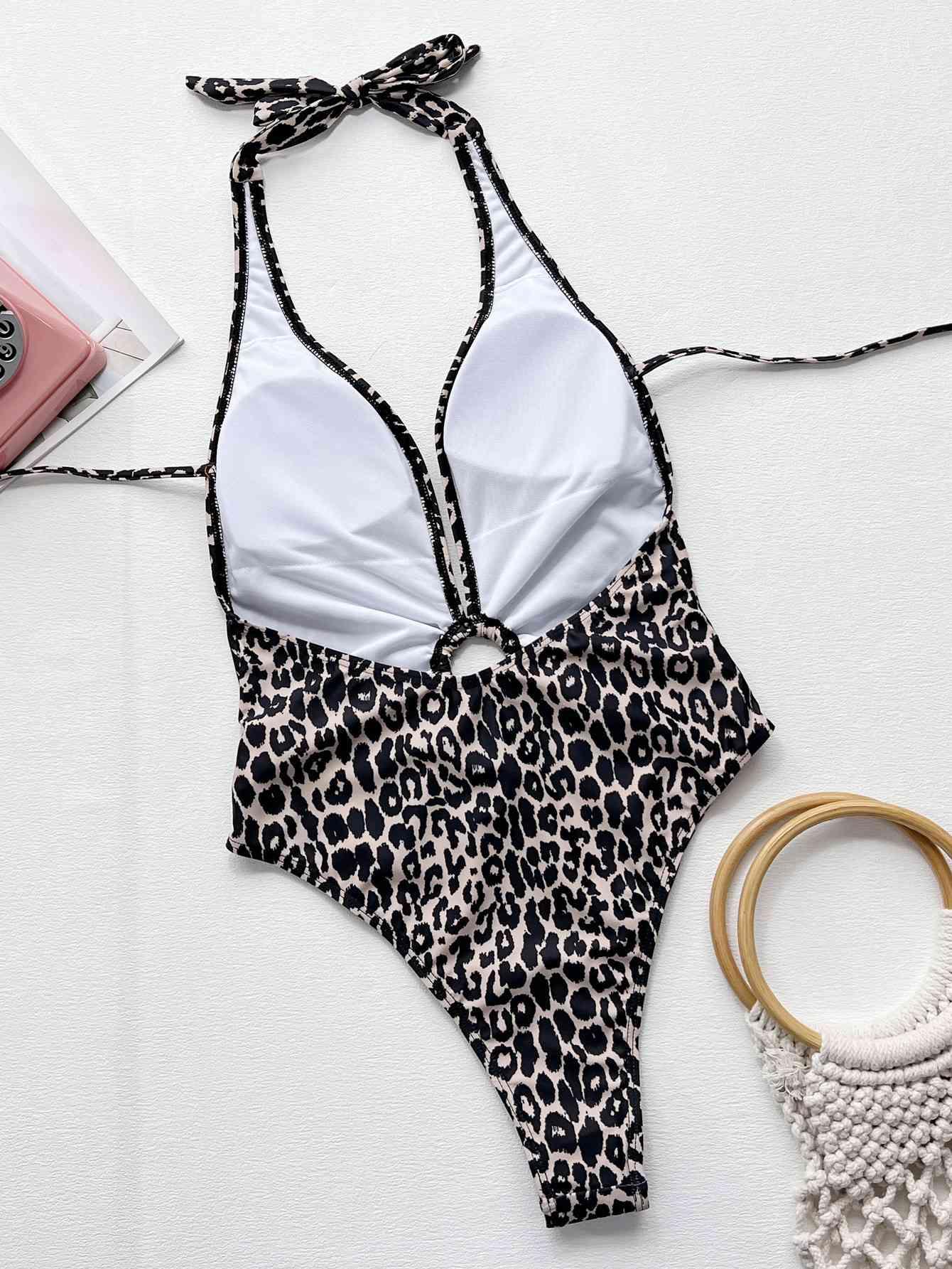 Leopard Halter Neck Ring Detail One-Piece Swimsuit Carauana Store