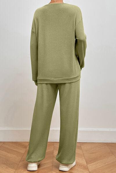Pocketed Round Neck Top and Pants Lounge Set Carauana Store