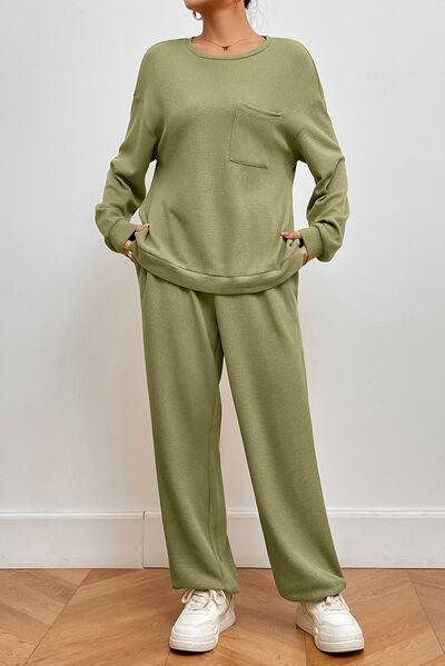 Pocketed Round Neck Top and Pants Lounge Set Carauana Store