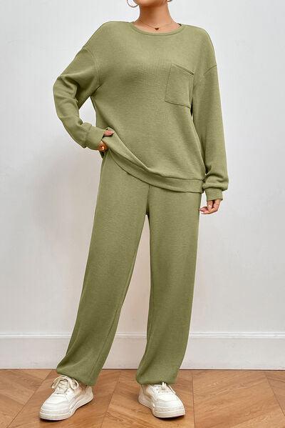 Pocketed Round Neck Top and Pants Lounge Set Carauana Store
