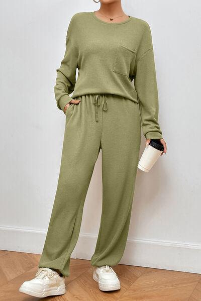 Pocketed Round Neck Top and Pants Lounge Set Carauana Store