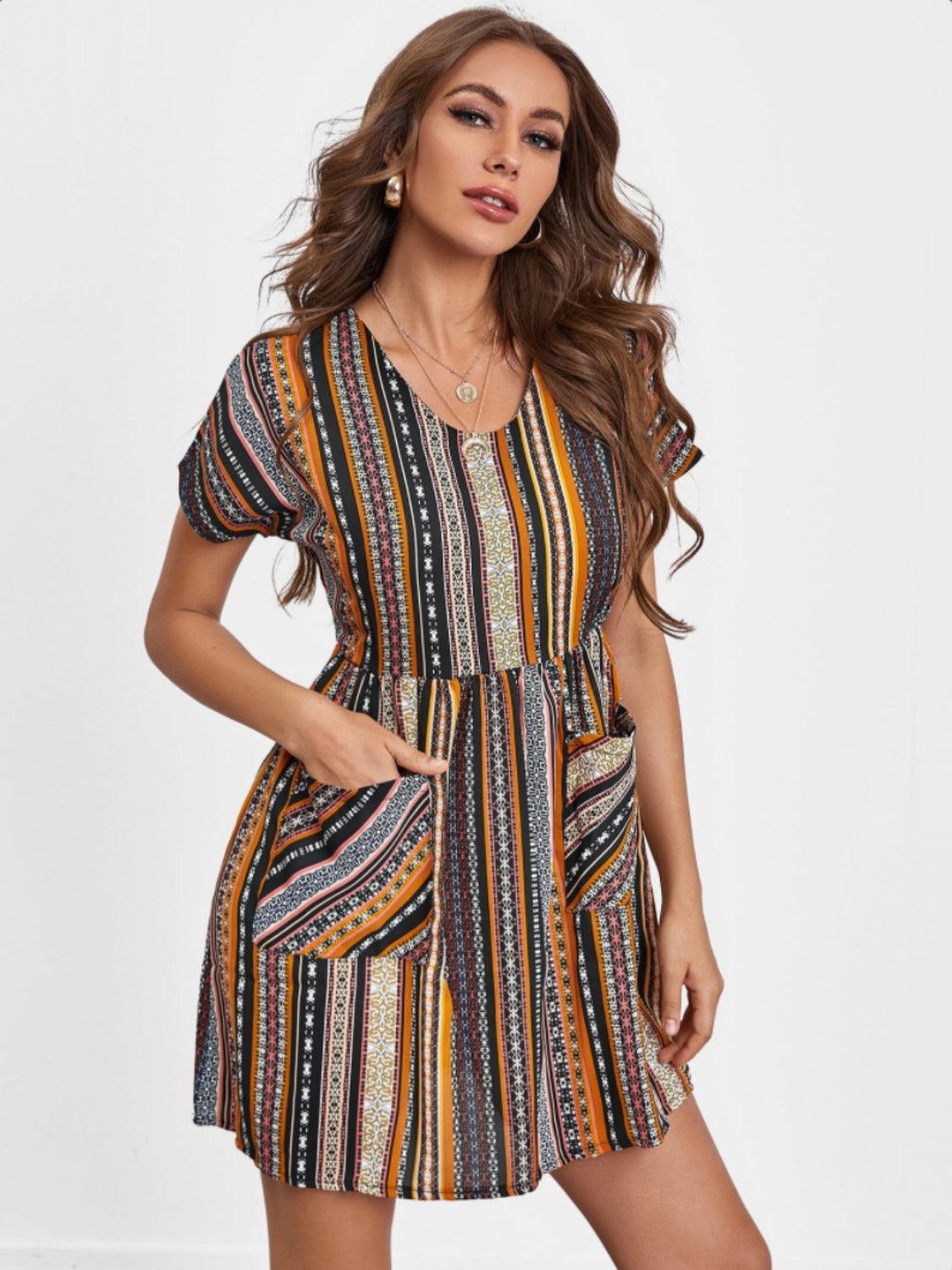 Pocketed Striped Short Sleeve Dress Carauana Store