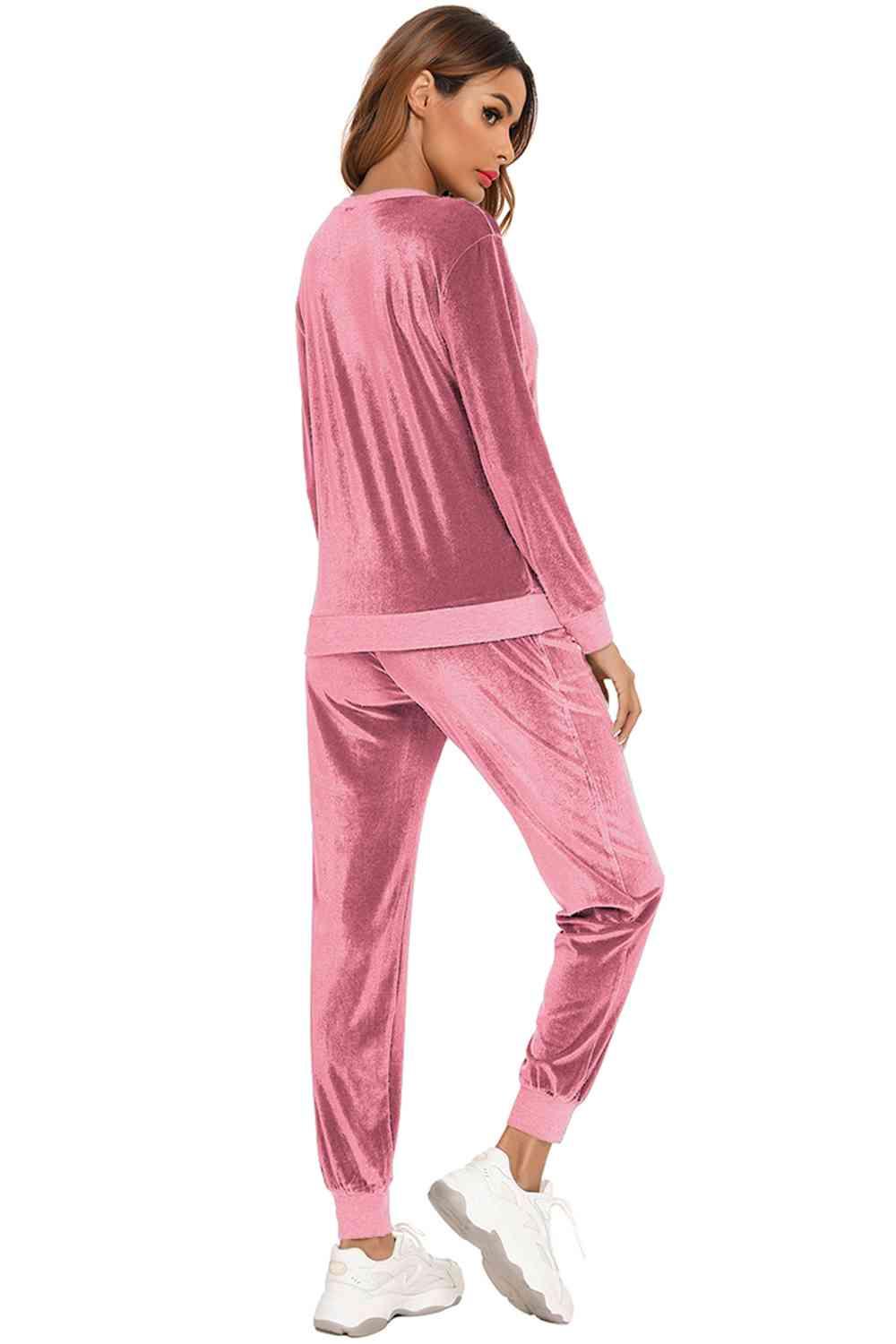 Round Neck Long Sleeve Loungewear Set with Pockets Carauana Store